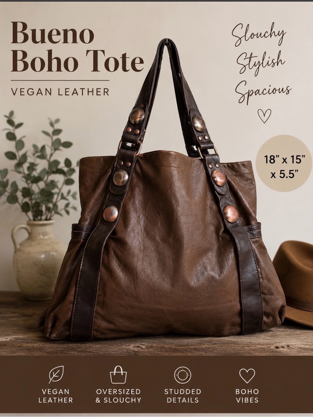Bueno Boho Studded Vegan Leather Tote Bag Brown Slouchy Shoulder Purse Studs
